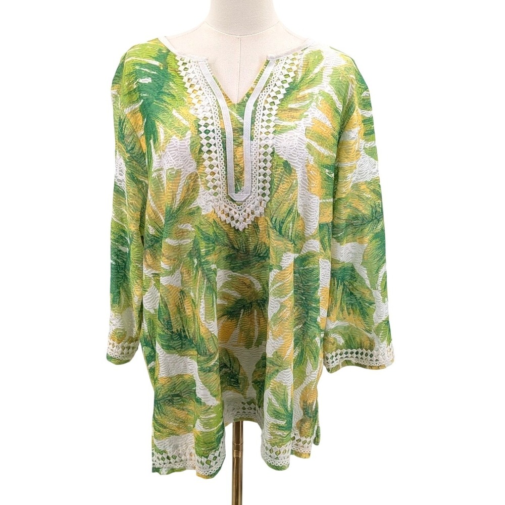 Tropical Print Tunic Blouse 1X Green Yellow Crochet Trim Alfred Dunner Woman